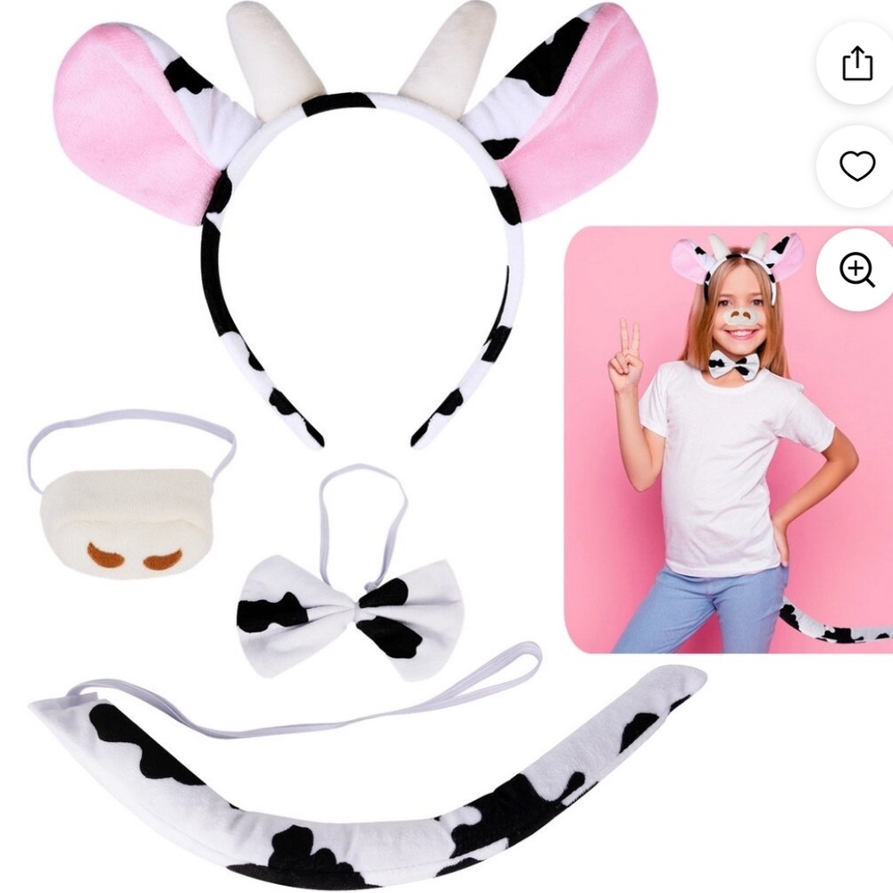 4Pcs Cow Outfit Set, with Cow Ears Headband, Nose, Bowtie and Tail, Cow Themed